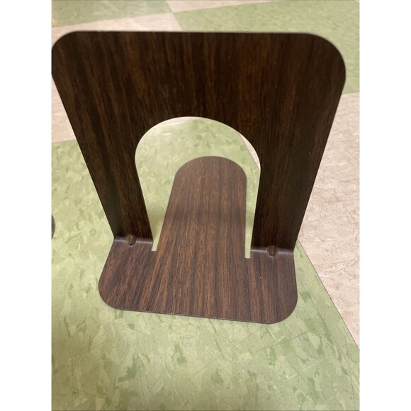2 Vtg Mid Century Industrial Metal Book Ends Library School Steel 5” Wood Grain - Picture 4 of 4